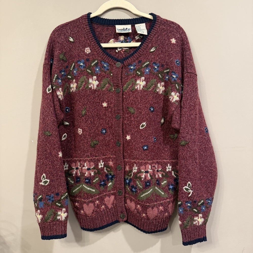 Vintage Northern Reflections Burgandy Wool Blend Floral Heart Cardigan Sweater L